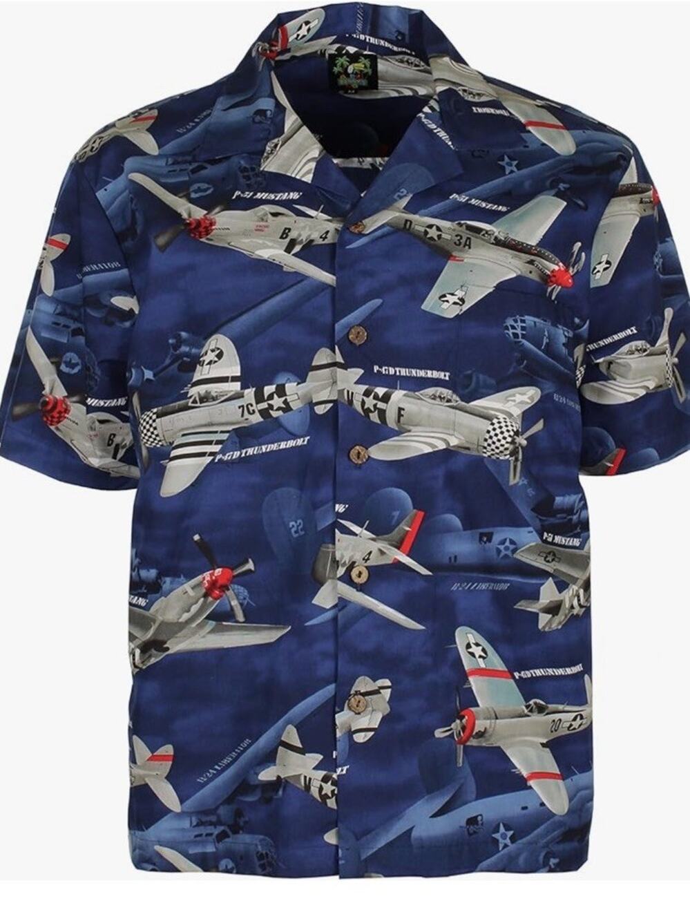 VTG Hawaiian 2LX Shirt USA Fighter Planes 100% cotton Fun Planes Military Blue